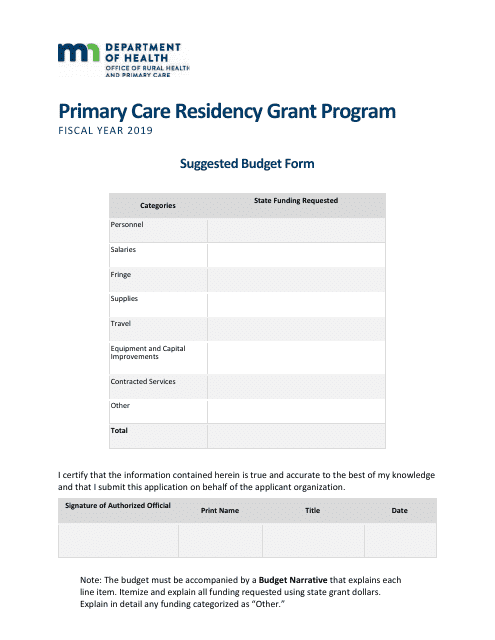 Suggested Budget Form - Primary Care Residency Grant Program - Minnesota, 2019