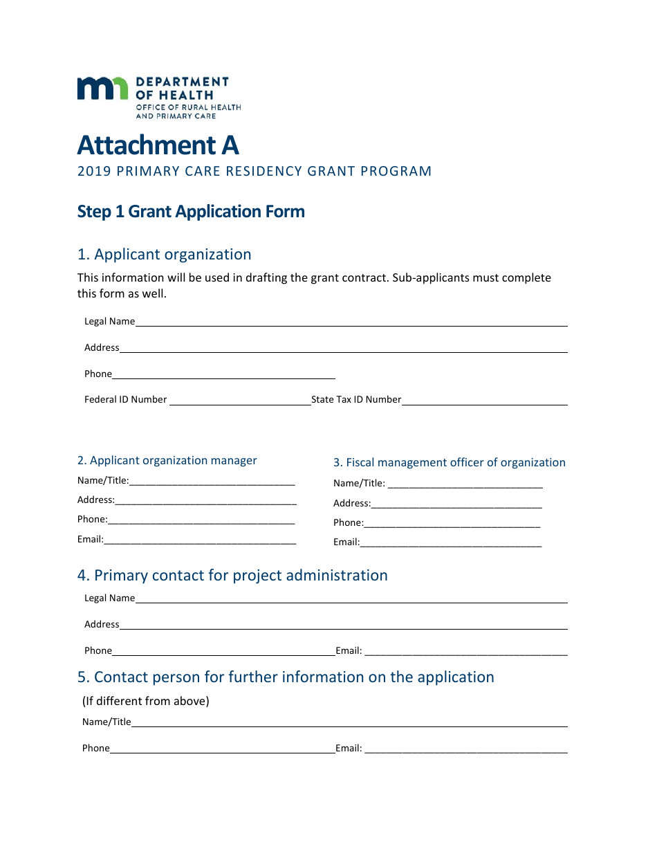 Attachment A Grant Application Form - Primary Care Residency Grant Program - Minnesota, Page 1