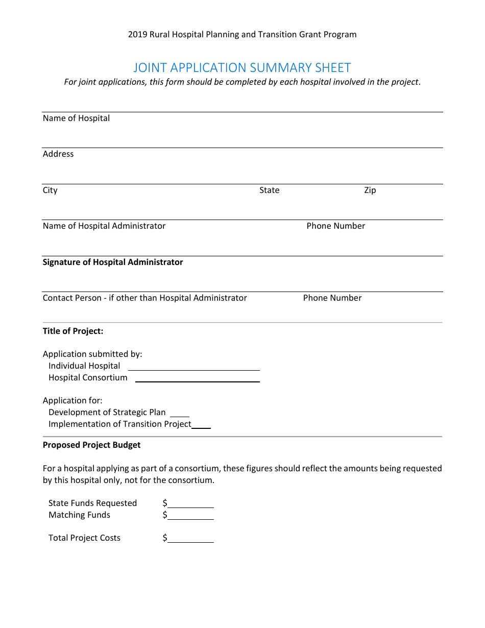 Joint Application Summary Sheet - Rural Hospital Planning and Transition Grant Program - Minnesota, Page 1