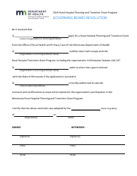 Document preview: Governing Board Resolution Form - Rural Hospital Planning and Transition Grant Program - Minnesota, 2019