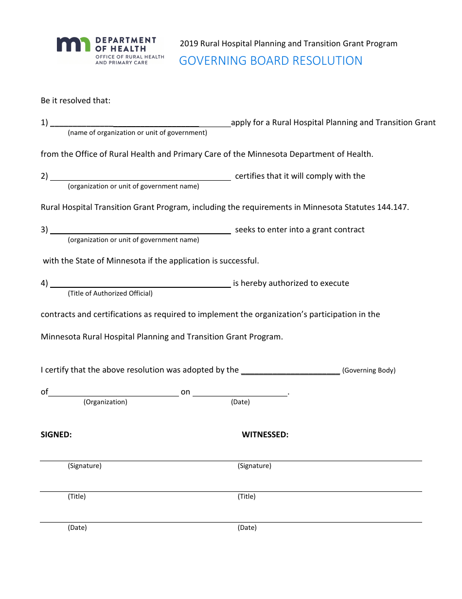 Governing Board Resolution Form - Rural Hospital Planning and Transition Grant Program - Minnesota, Page 1