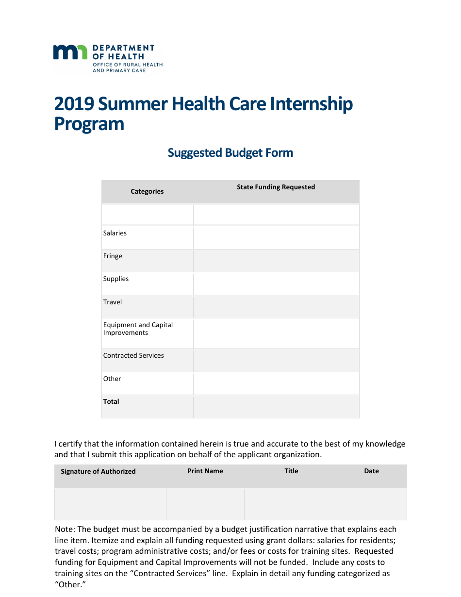Suggested Budget Form - Summer Health Care Internship Program - Minnesota, Page 1