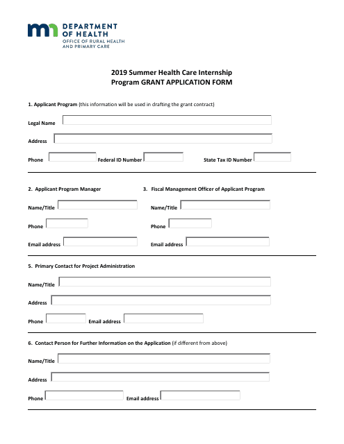 Grant Application Form - Summer Health Care Internship Program - Minnesota, 2019