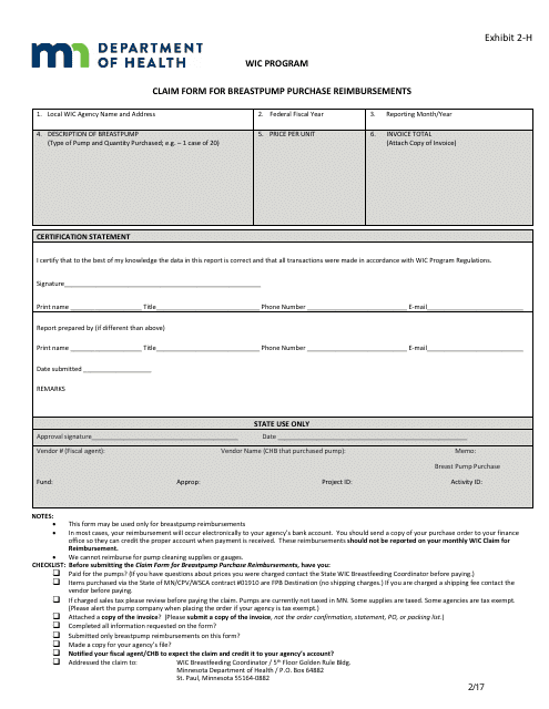 Exhibit 2-H Claim Form for Breastpump Purchase Reimbursements - Wic Program - Minnesota