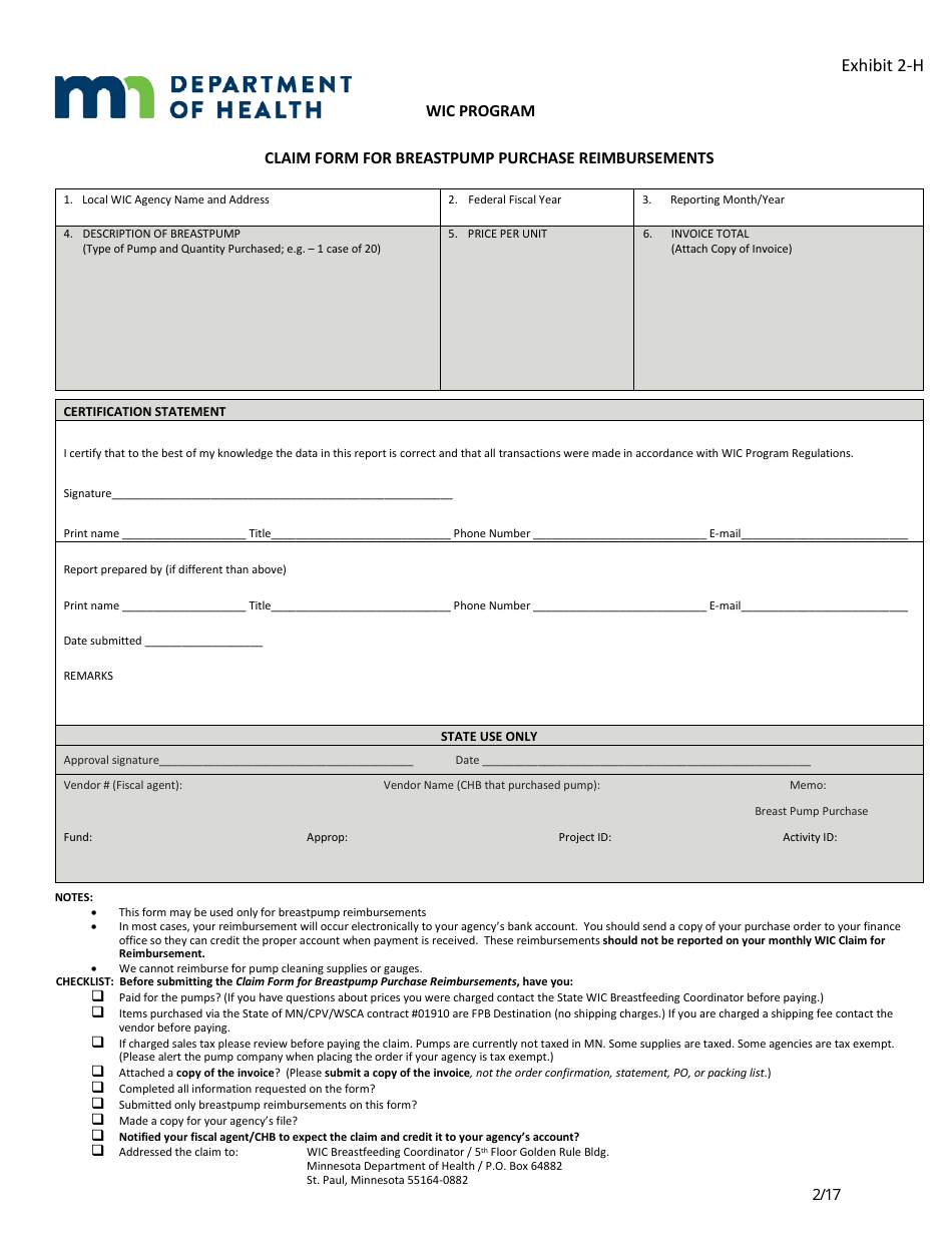 Exhibit 2-H Claim Form for Breastpump Purchase Reimbursements - Wic Program - Minnesota, Page 1