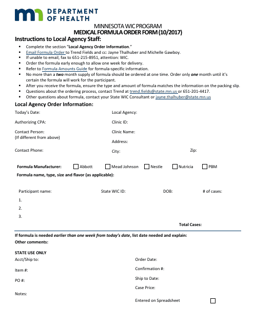 Medical Formula Order Form - Minnesota
