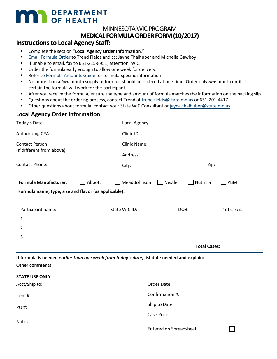 Medical Formula Order Form - Minnesota, Page 1