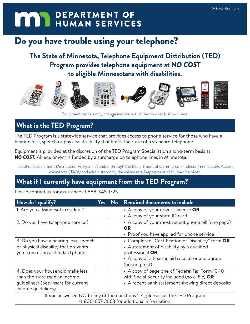 Form DHS-4004-ENG Telephone Equipment Distribution (Ted) Program Application Form - Minnesota, Page 1