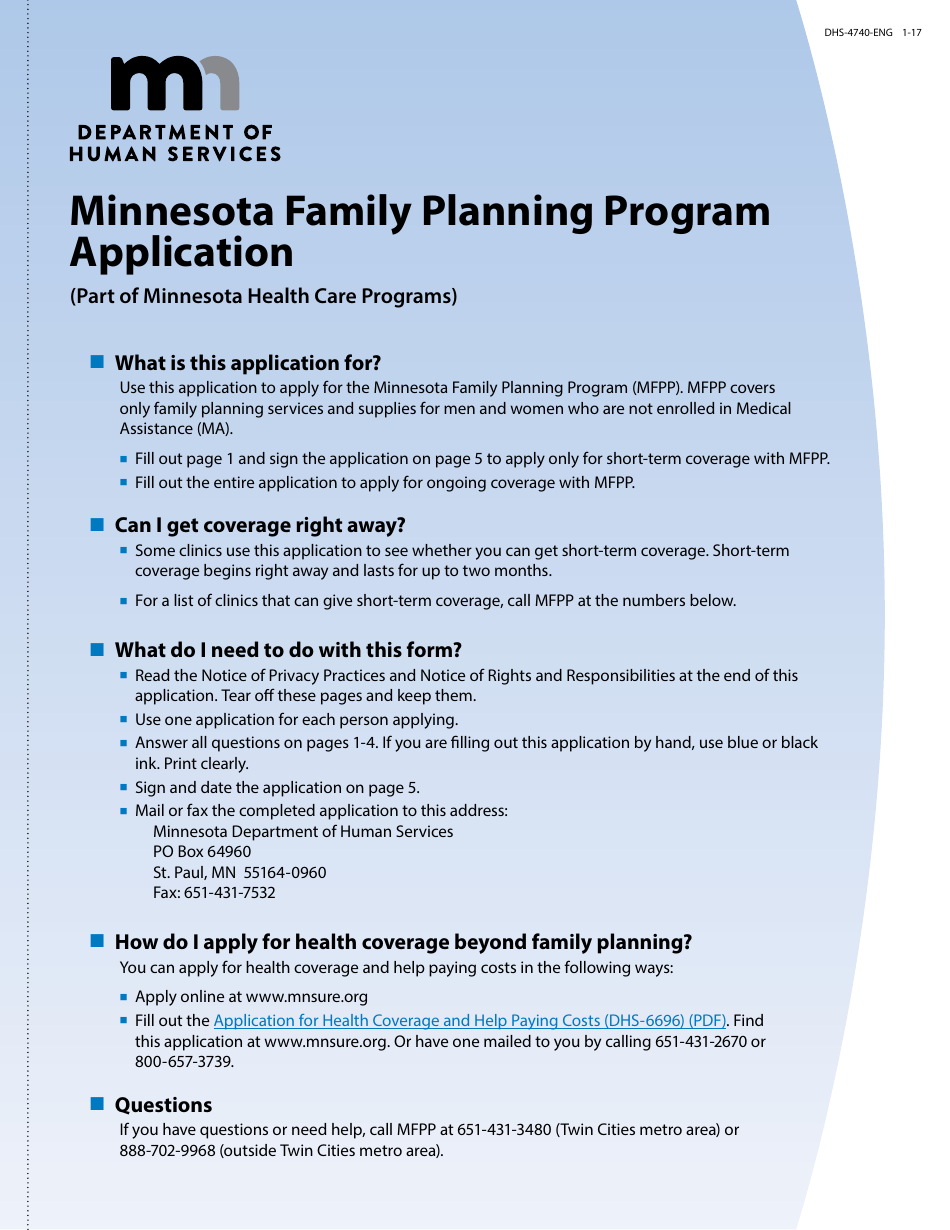 Form DHS-4740-ENG Minnesota Family Planning Program Application Form - Minnesota, Page 1