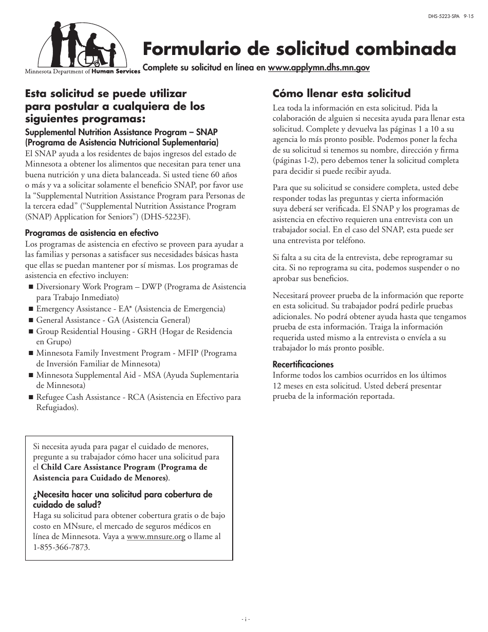 Formulario DHS-5223-SPA Formulario De Solicitud Combinada - Minnesota (Spanish), Page 1