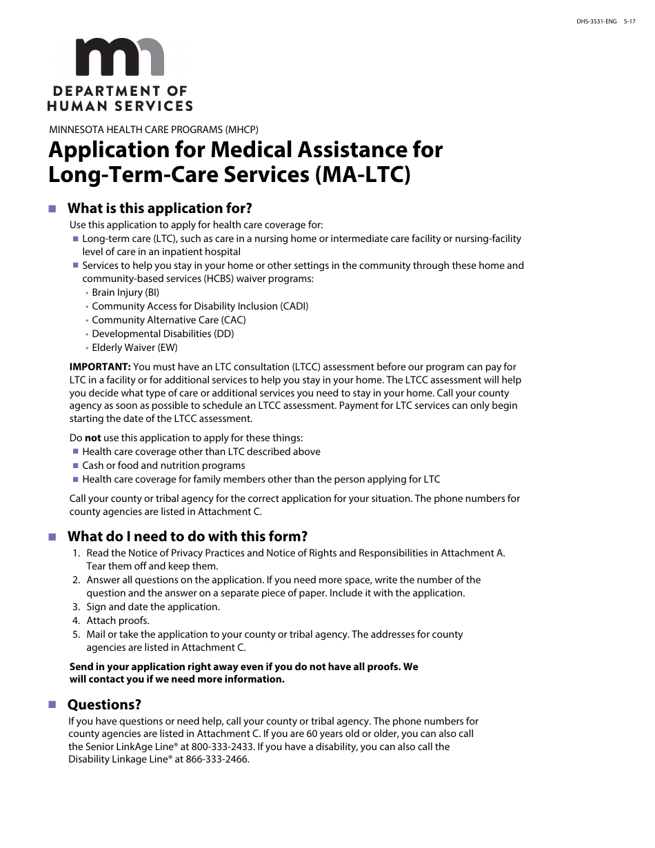 Form DHS-3531-ENG Application for Medical Assistance for Long-Term-Care Services (Ma-Ltc) - Minnesota, Page 1