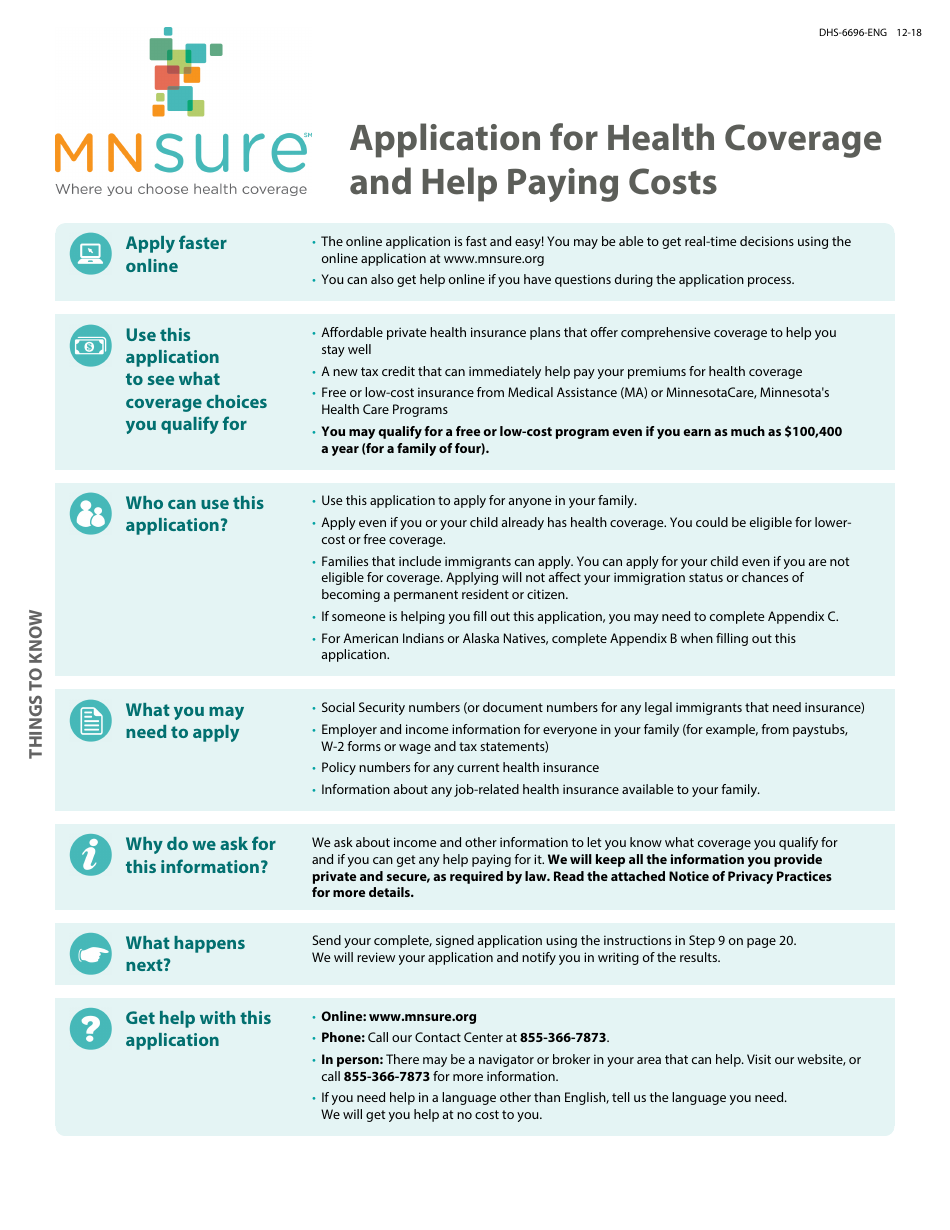 Form DHS-6696-ENG Application for Health Coverage and Help Paying Costs - Minnesota, Page 1