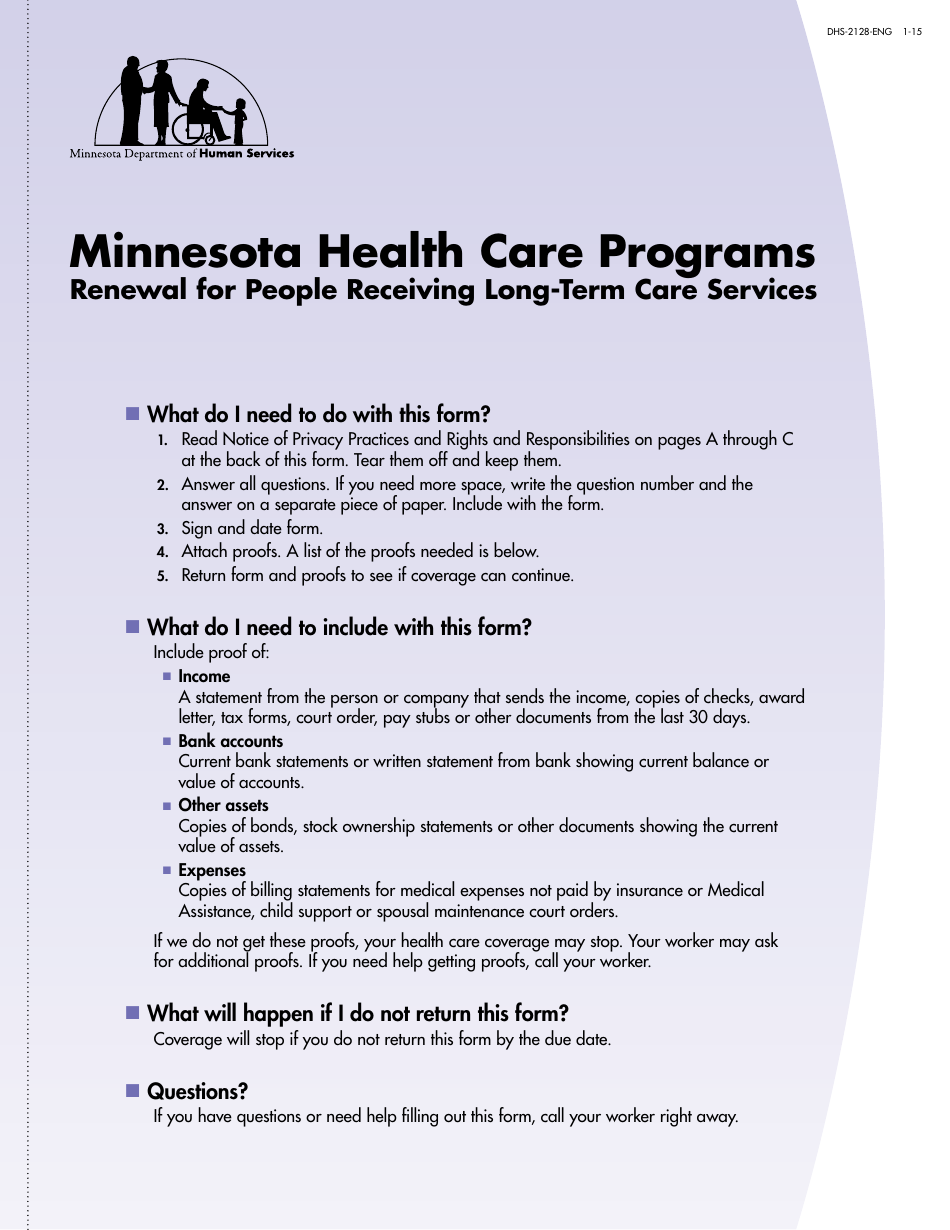 Form DHS-2128-ENG Renewal for People Receiving Long-Term Care Services - Minnesota, Page 1
