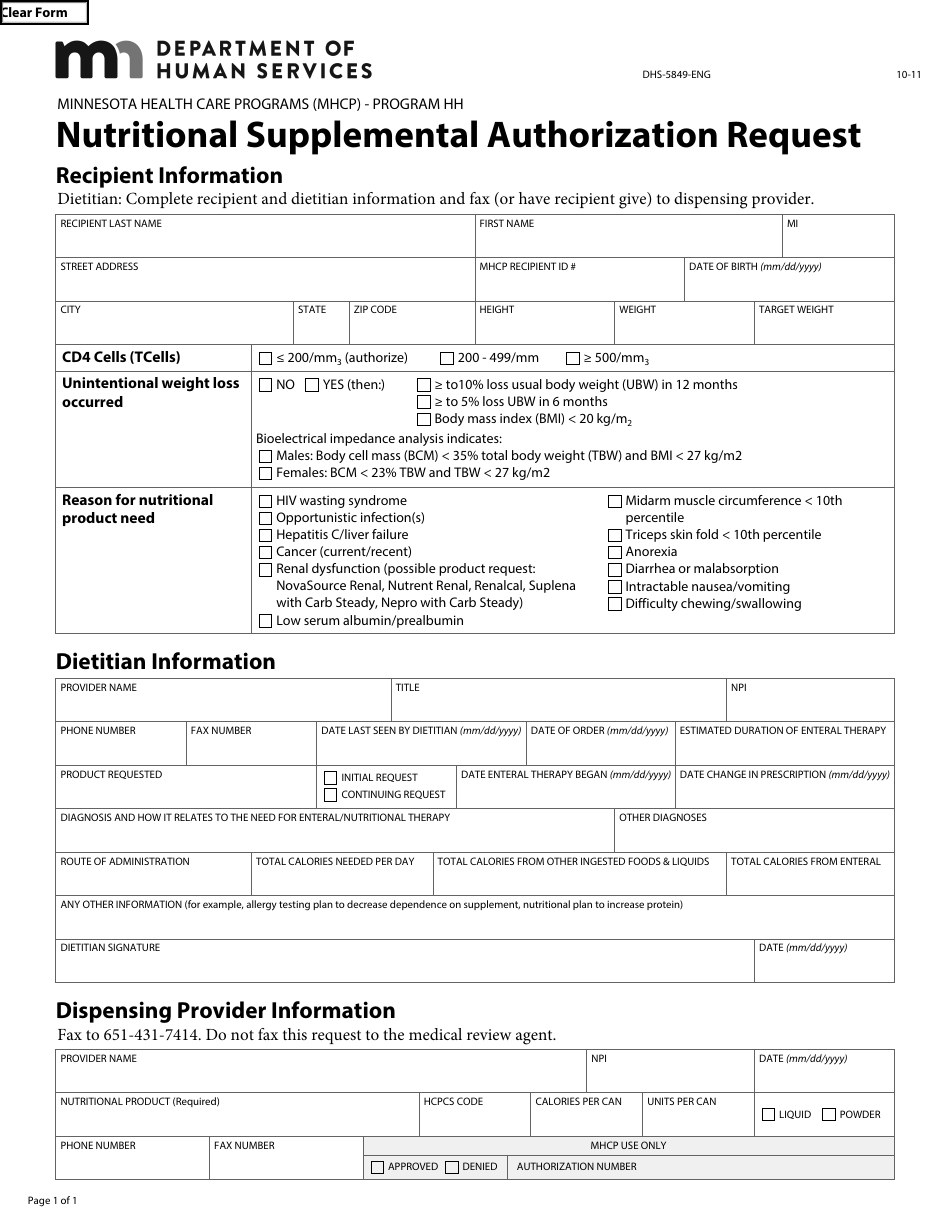 Form DHS-5849-EN Nutritional Supplemental Authorization Request - Program Hh - Minnesota, Page 1
