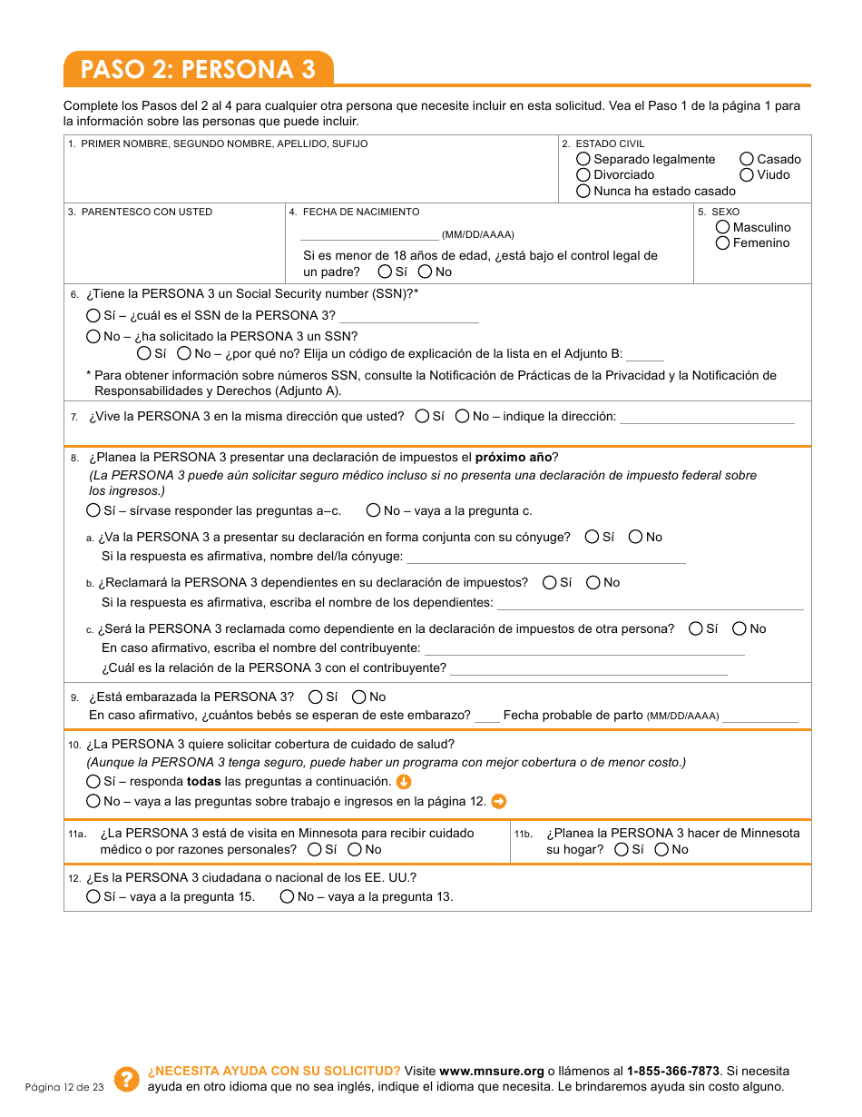 Formulario DHS-6696-SPA Solicitud De Cobertura De Salud Y Ayuda Con El Pago De Costos - Minnesota (Spanish), Page 14