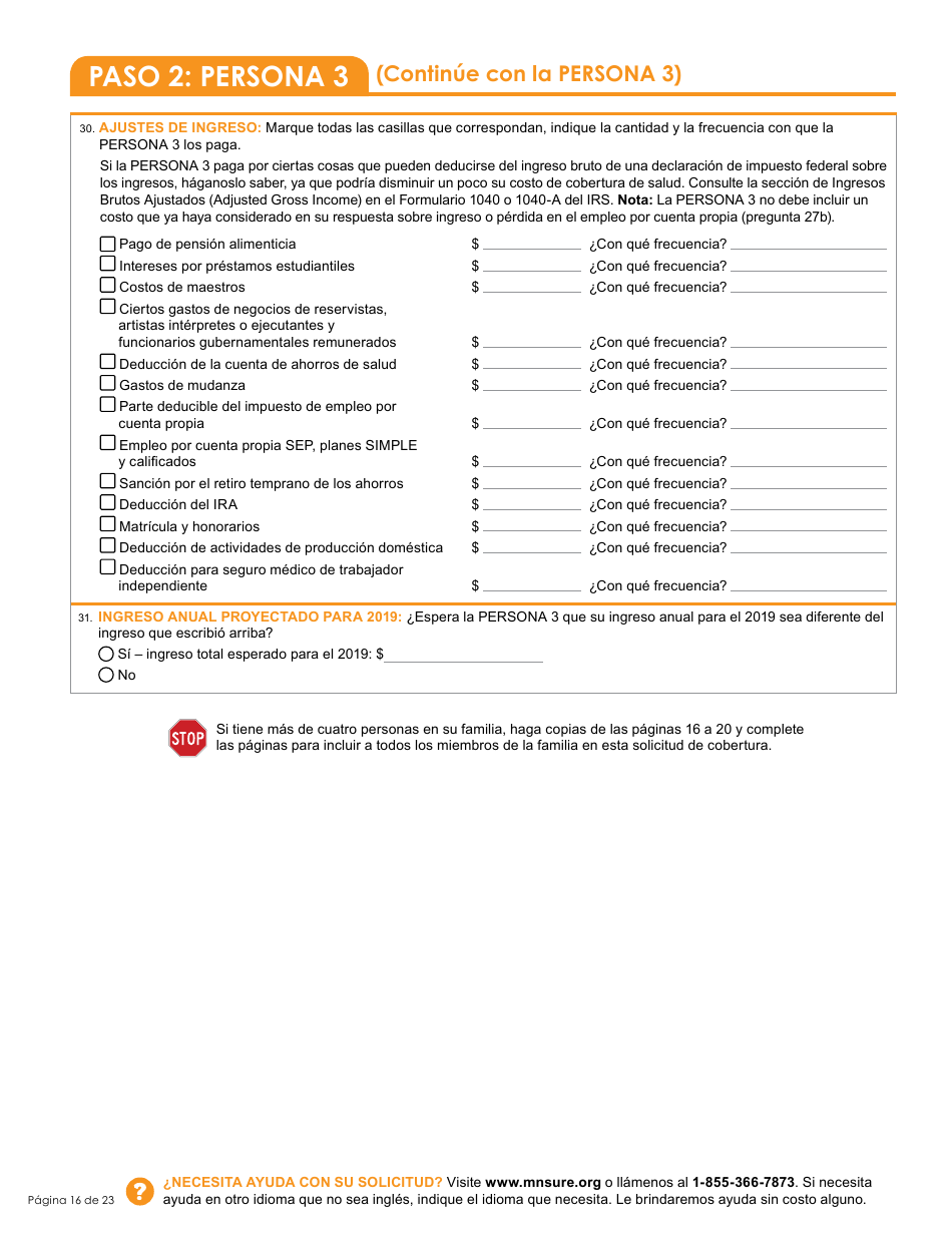 Formulario DHS-6696-SPA Solicitud De Cobertura De Salud Y Ayuda Con El Pago De Costos - Minnesota (Spanish), Page 18