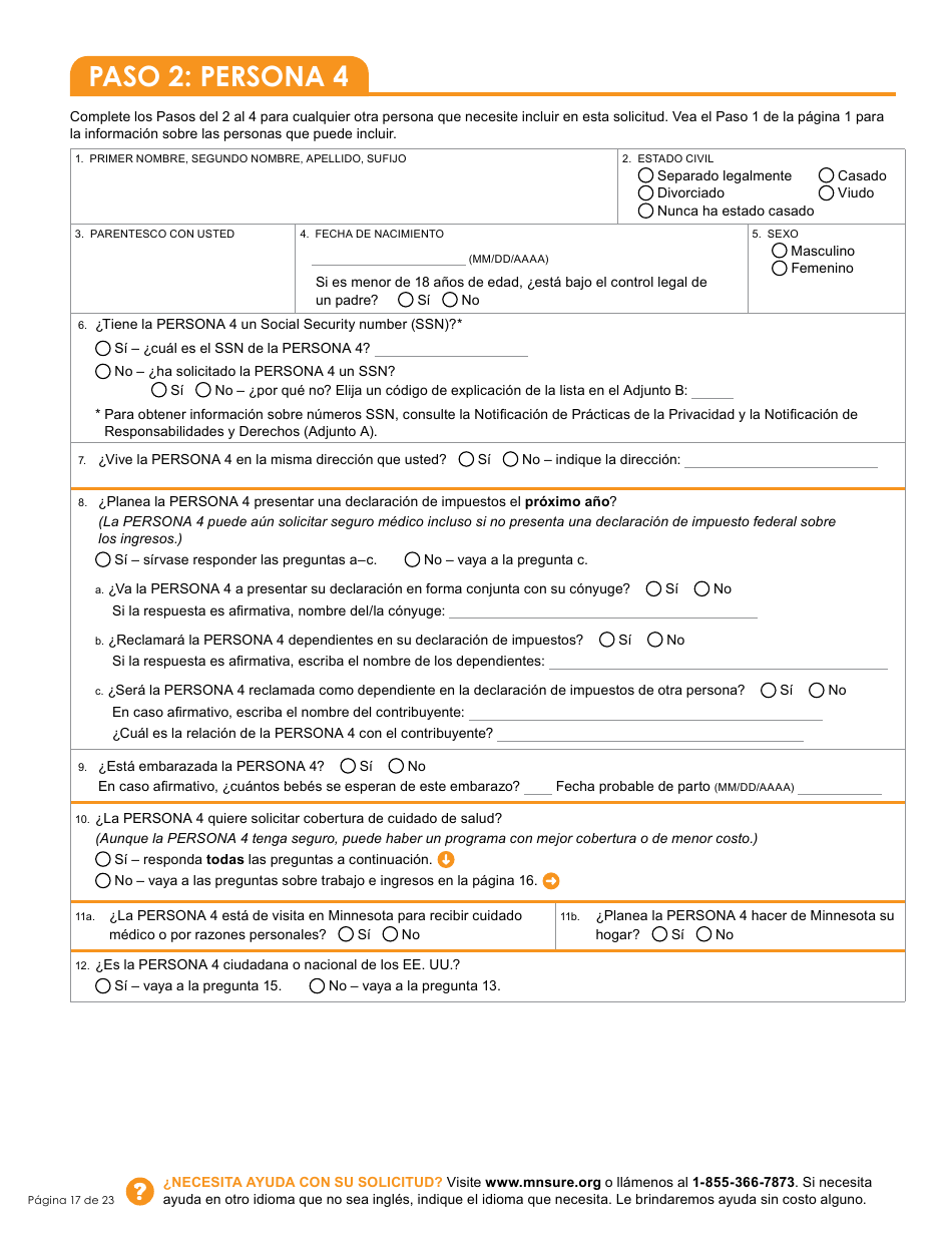 Formulario DHS-6696-SPA Solicitud De Cobertura De Salud Y Ayuda Con El Pago De Costos - Minnesota (Spanish), Page 19