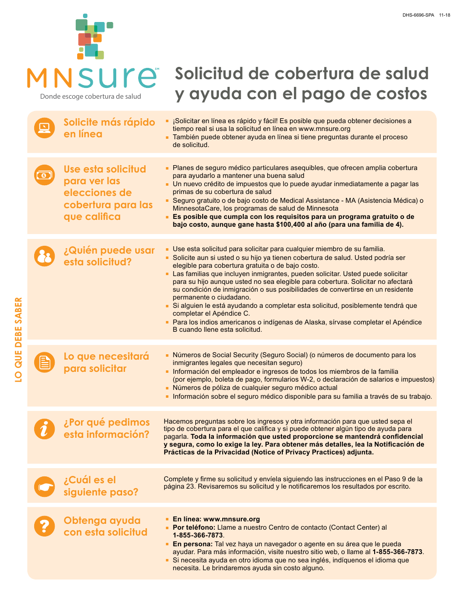 Formulario DHS-6696-SPA Solicitud De Cobertura De Salud Y Ayuda Con El Pago De Costos - Minnesota (Spanish), Page 1