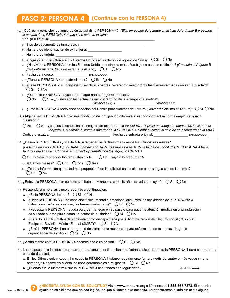 Formulario DHS-6696-SPA Solicitud De Cobertura De Salud Y Ayuda Con El Pago De Costos - Minnesota (Spanish), Page 20