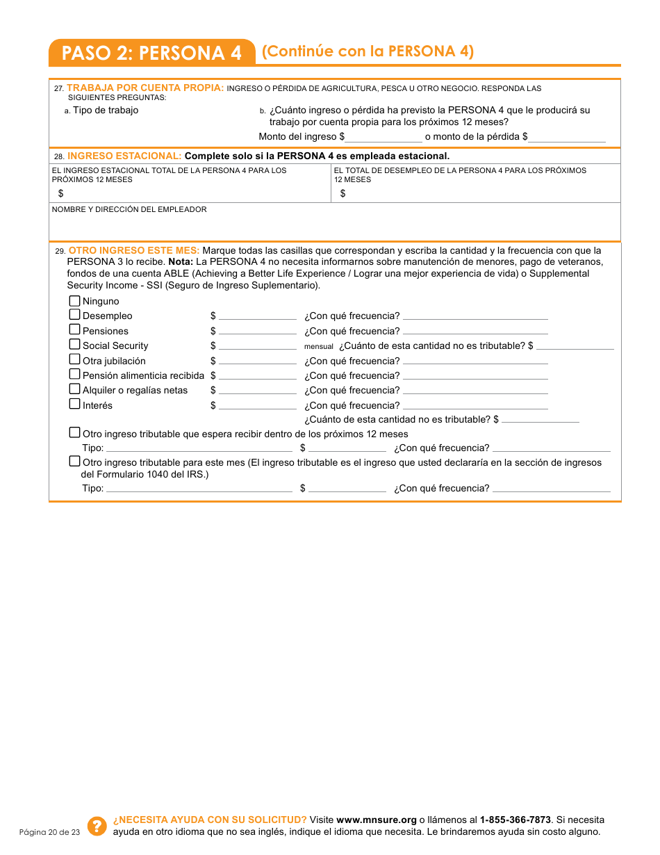 Formulario DHS-6696-SPA Solicitud De Cobertura De Salud Y Ayuda Con El Pago De Costos - Minnesota (Spanish), Page 22