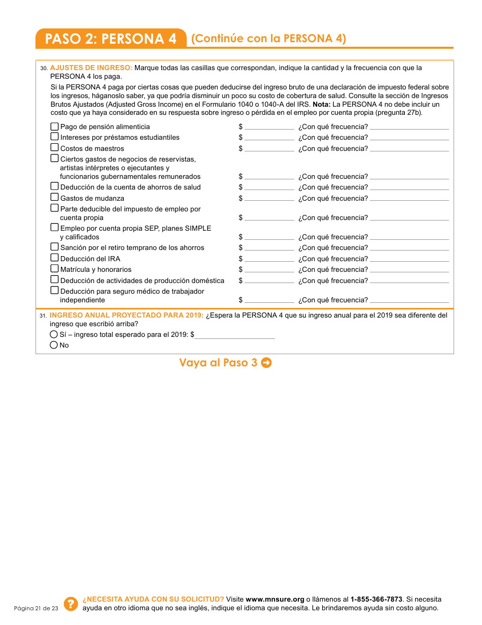 Formulario DHS-6696-SPA Solicitud De Cobertura De Salud Y Ayuda Con El Pago De Costos - Minnesota (Spanish), Page 23