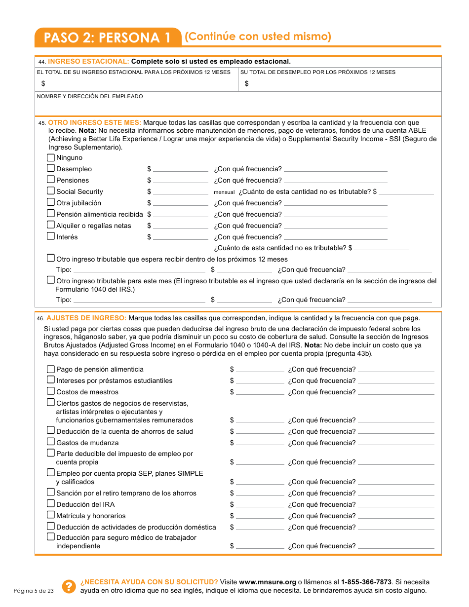 Formulario DHS-6696-SPA Solicitud De Cobertura De Salud Y Ayuda Con El Pago De Costos - Minnesota (Spanish), Page 7
