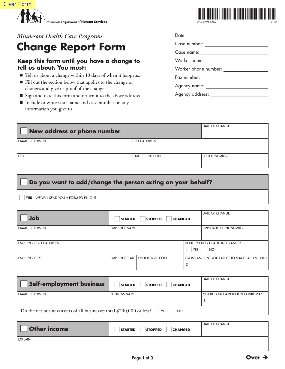 Form DHS-4796-ENG Change Report Form - Minnesota, Page 1
