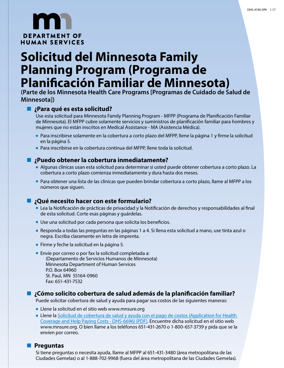 Formulario DHS-4740-SPA Solicitud Del Minnesota Family Planning Program (Programa De Planificacion Familiar De Minnesota) - Minnesota (Spanish), Page 1