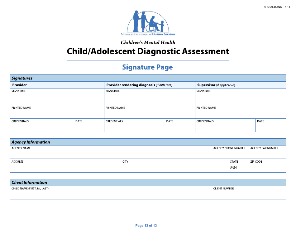 Form DHS-5704B-ENG Child / Adolescent Diagnostic Assessment - Part II: Provider - Minnesota, Page 13