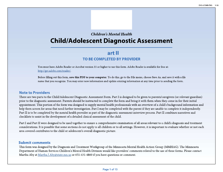 Form DHS-5704B-ENG Child/Adolescent Diagnostic Assessment - Part II: Provider - Minnesota, Page 1