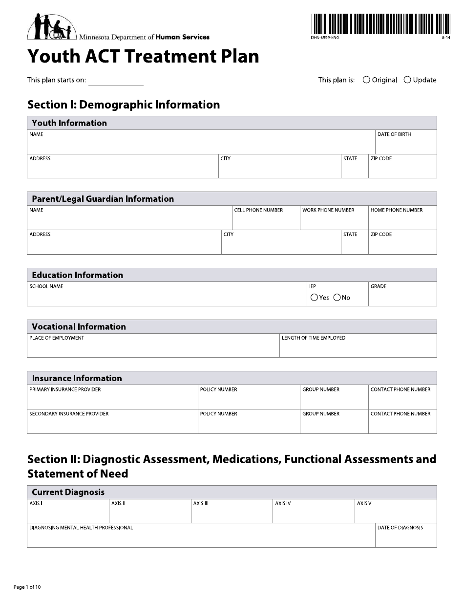 Form DHS-6999-ENG Youth Act Treatment Plan - Minnesota, Page 1