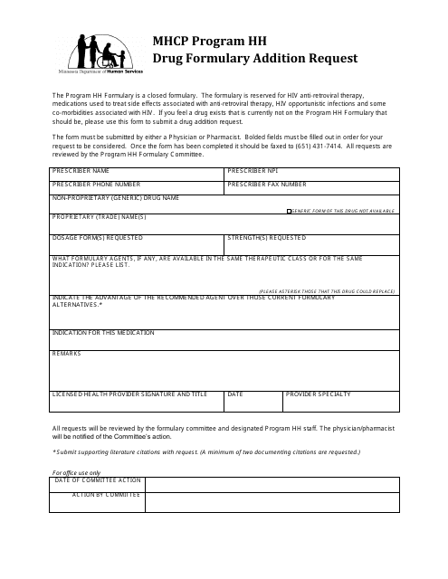 Drug Formulary Addition Request Form - Mhcp Program Hh - Minnesota