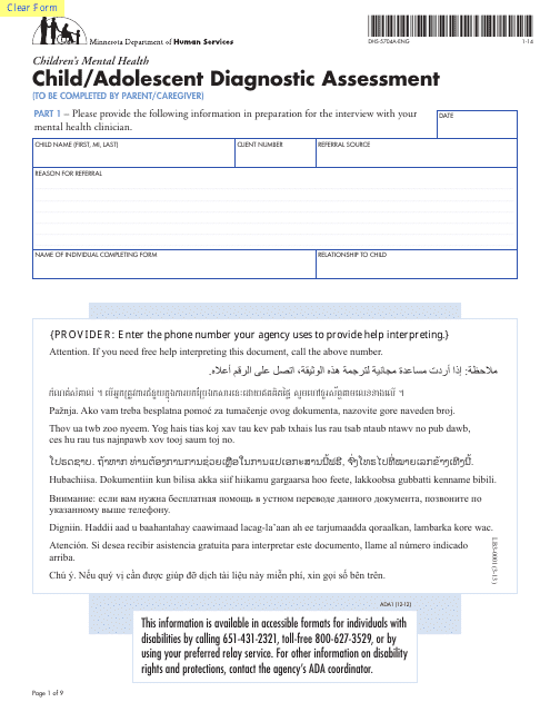 Form DHS-5704A-ENG Child/Adolescent Diagnostic Assessment - Part I: Parent/Caregiver - Minnesota