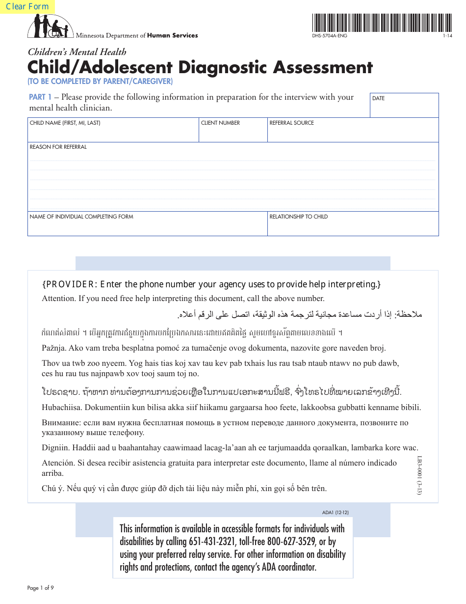 Form DHS-5704A-ENG Child / Adolescent Diagnostic Assessment - Part I: Parent / Caregiver - Minnesota, Page 1