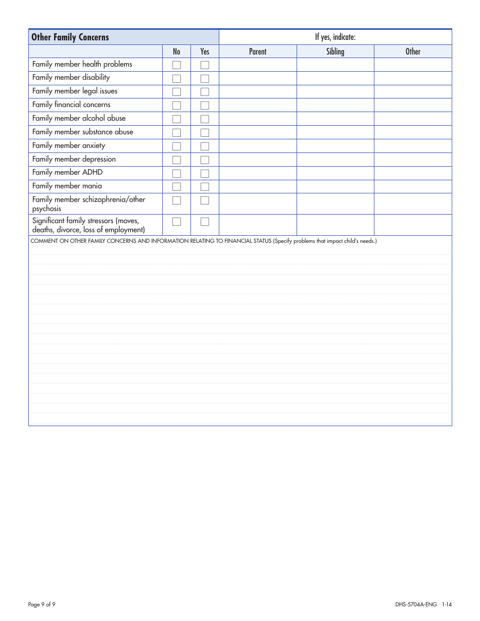 Form DHS-5704A-ENG Child / Adolescent Diagnostic Assessment - Part I: Parent / Caregiver - Minnesota, Page 9