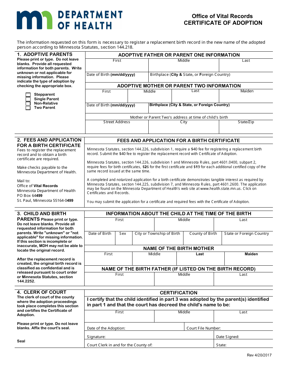 Certificate of Adoption - Minnesota, Page 1