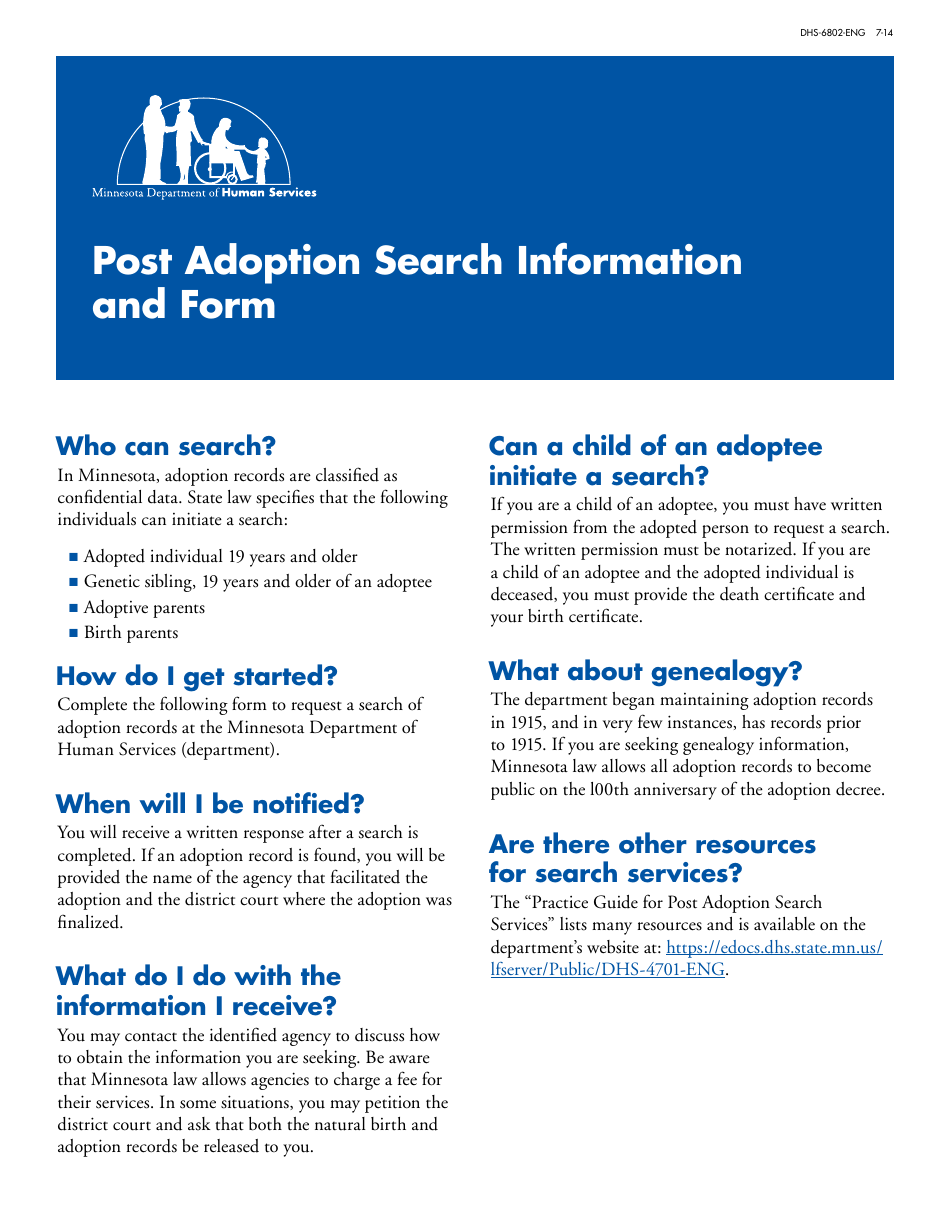 Form DHS-6802-ENG Post Adoption Search Information and Form - Minnesota, Page 1