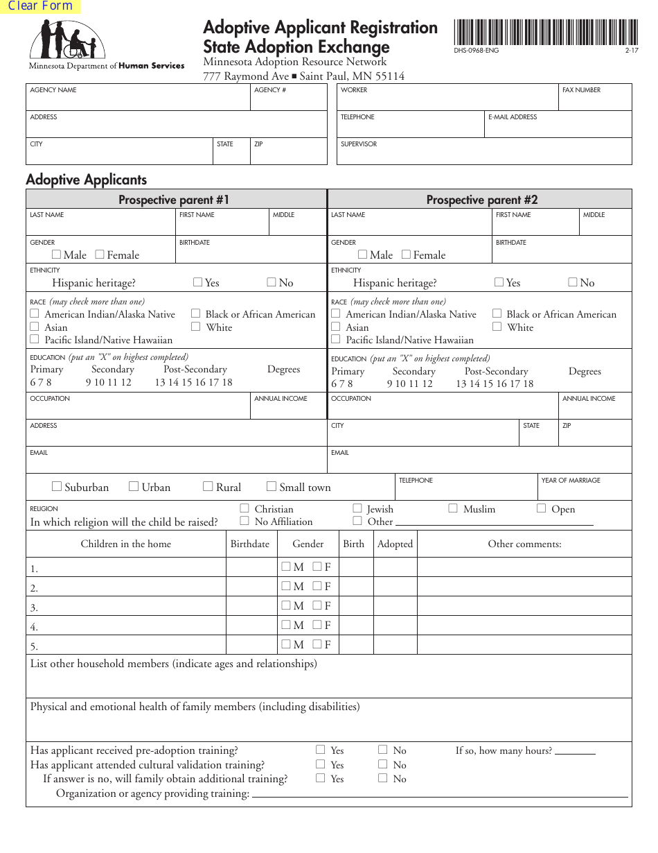Form DHS-0968-ENG Adoptive Applicant Registration - State Adoption Exchange - Minnesota, Page 1