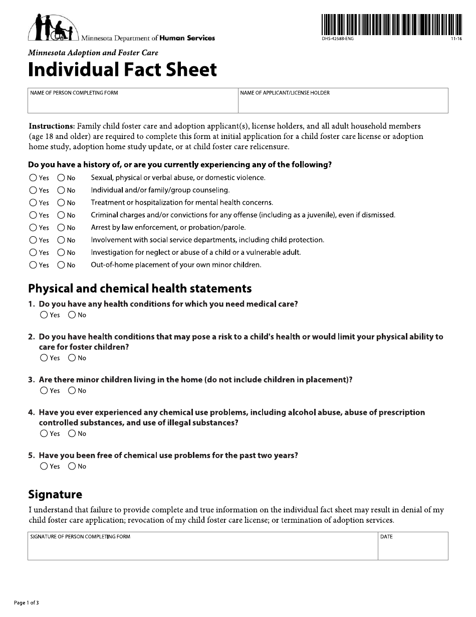 Form DHS-4258B-ENG Minnesota Adoption and Foster Care Individual Fact Sheet - Minnesota, Page 1