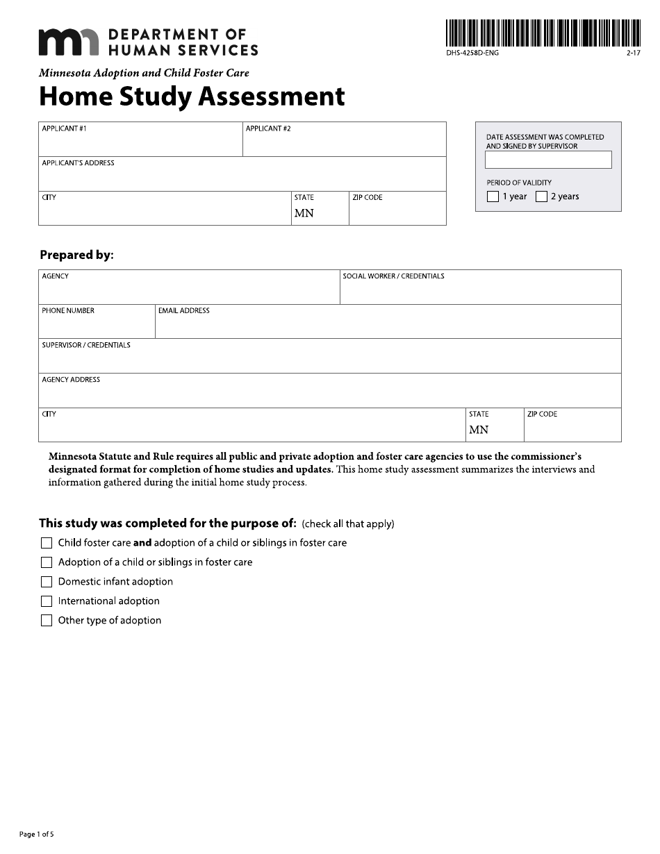 Form DHS-4258D-ENG Minnesota Adoption and Child Foster Care Home Study Assessment - Minnesota, Page 1