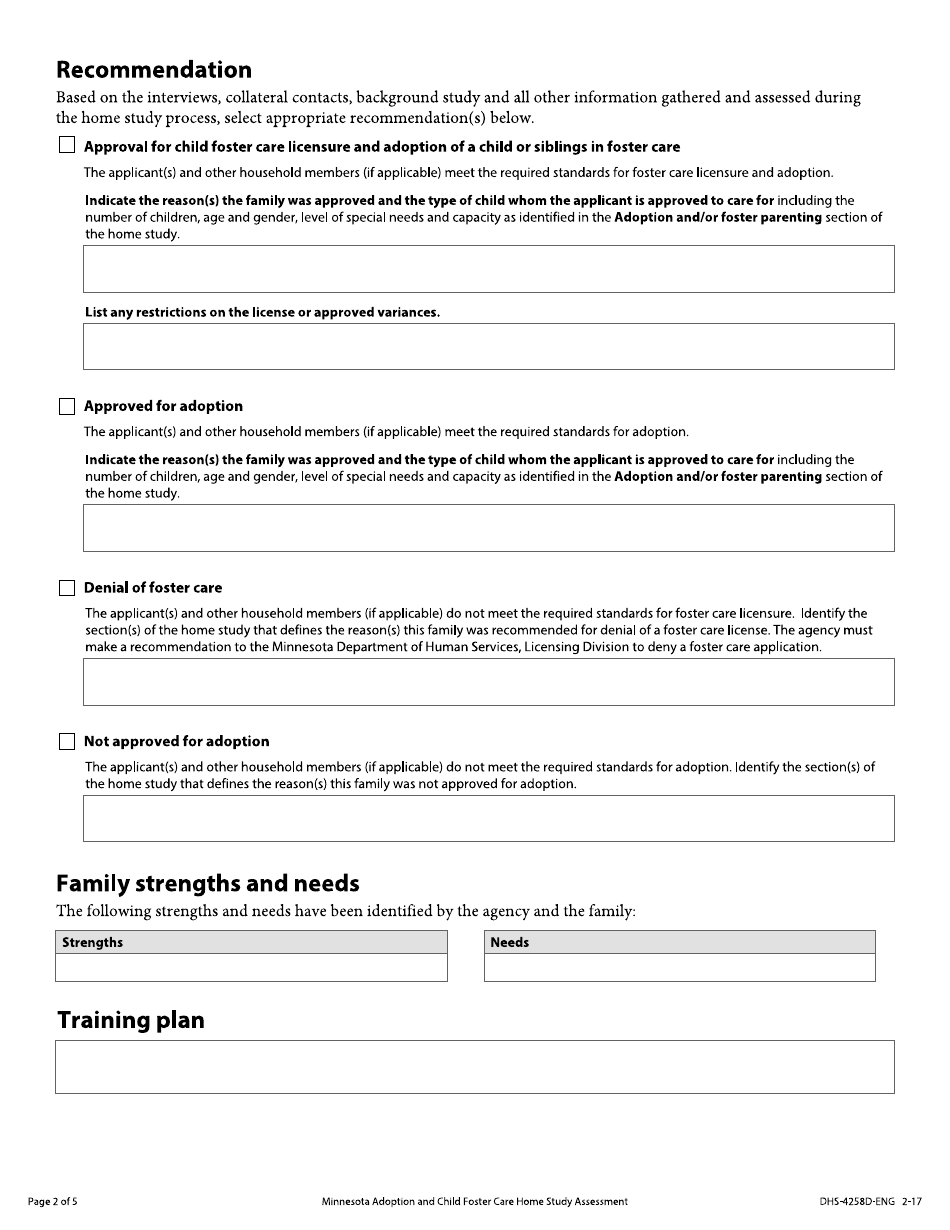 Form DHS-4258D-ENG Minnesota Adoption and Child Foster Care Home Study Assessment - Minnesota, Page 2