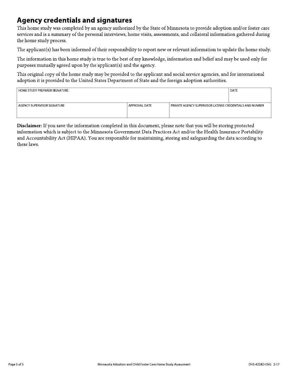 Form DHS-4258D-ENG Minnesota Adoption and Child Foster Care Home Study Assessment - Minnesota, Page 5
