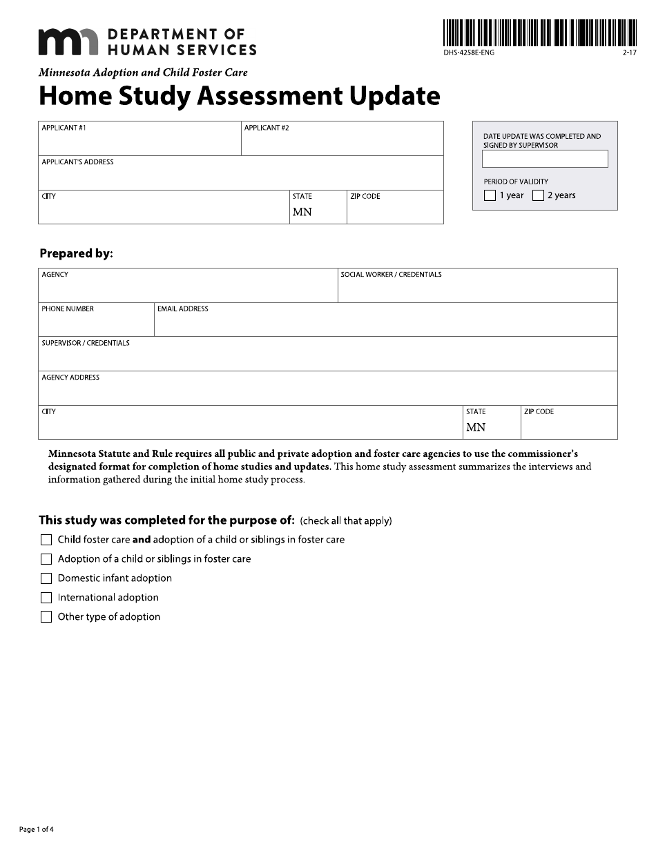 Form DHS-4258E-ENG Minnesota Adoption and Child Foster Care Home Study Assessment Update - Minnesota, Page 1
