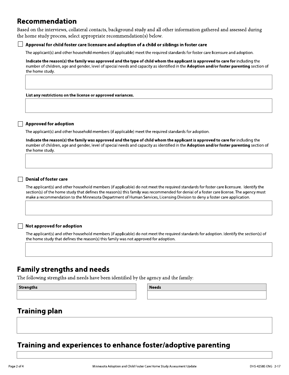 Form DHS-4258E-ENG Minnesota Adoption and Child Foster Care Home Study Assessment Update - Minnesota, Page 2