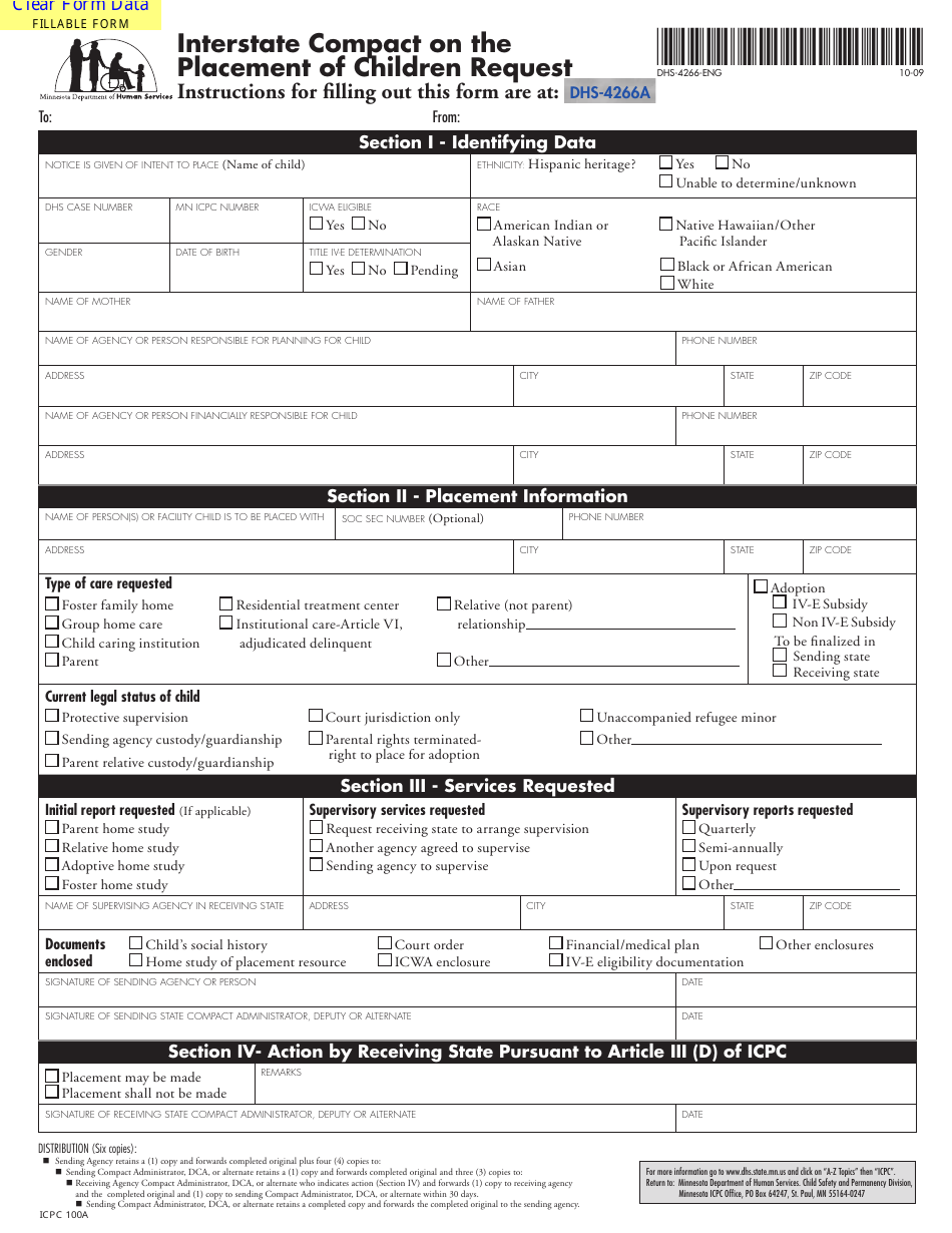 Form DHS-4266-ENG Interstate Compact on the Placement of Children Request - Minnesota, Page 1