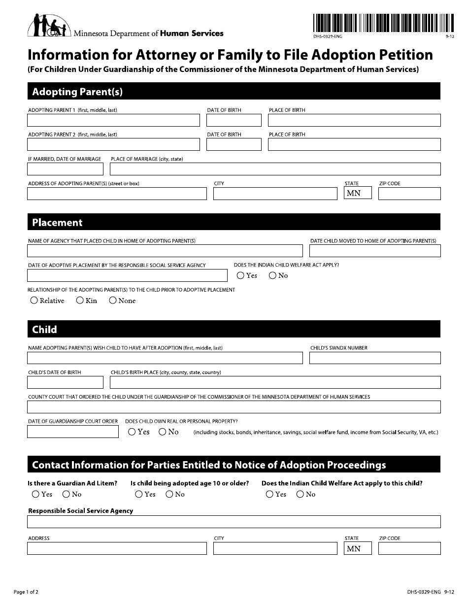 Form DHS-0329-ENG Information for Attorney or Family to File Adoption Petition - for Children Under Guardianship of the Commissioner of the Minnesota Department of Human Services - Minnesota, Page 1