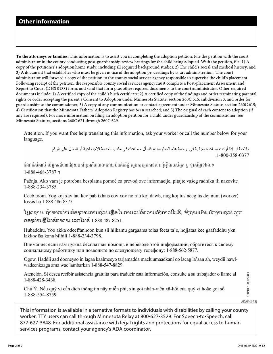 Form DHS-0329-ENG Information for Attorney or Family to File Adoption Petition - for Children Under Guardianship of the Commissioner of the Minnesota Department of Human Services - Minnesota, Page 2