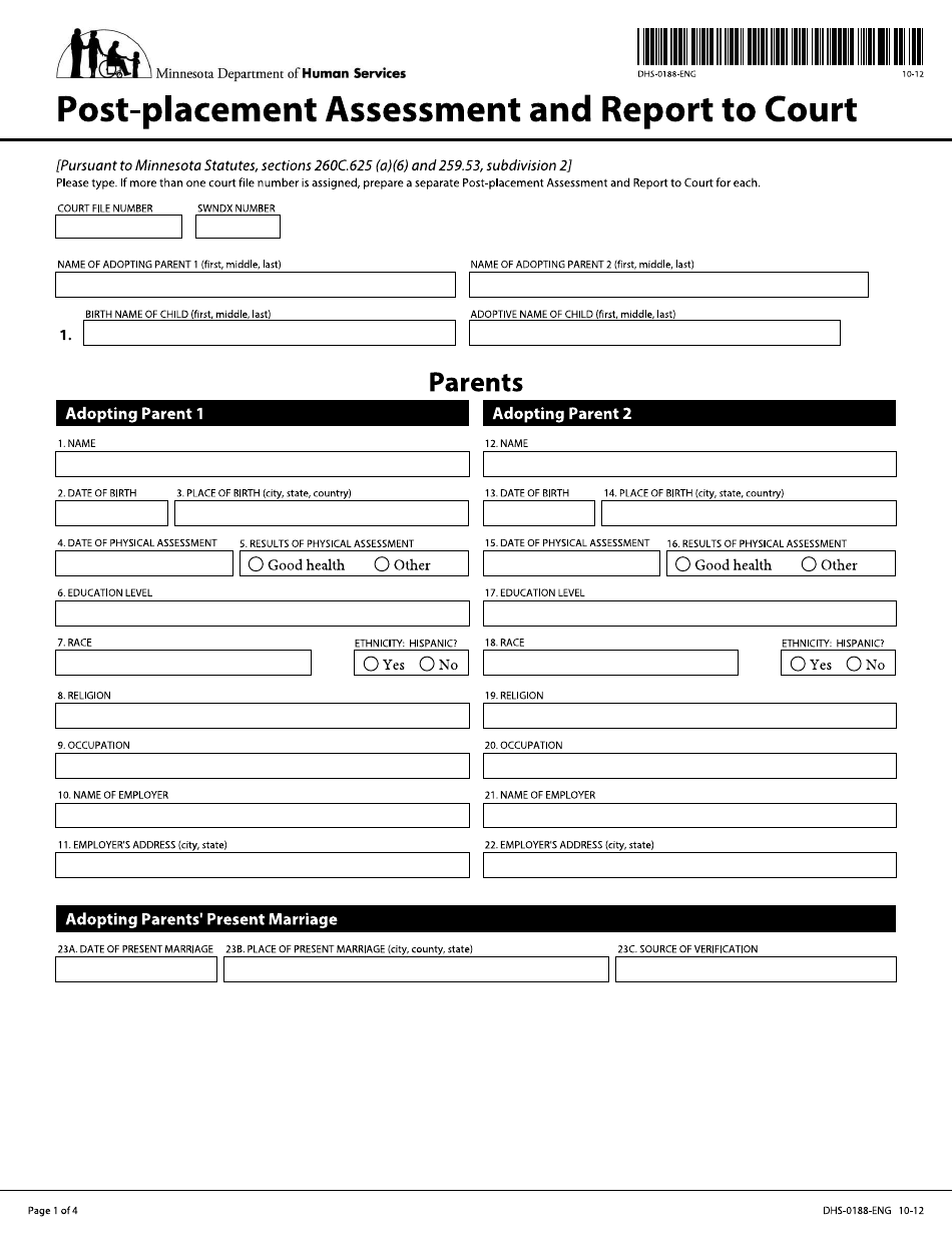 Form DHS-0188-ENG Post-placement Assessment and Report to Court - Minnesota, Page 1