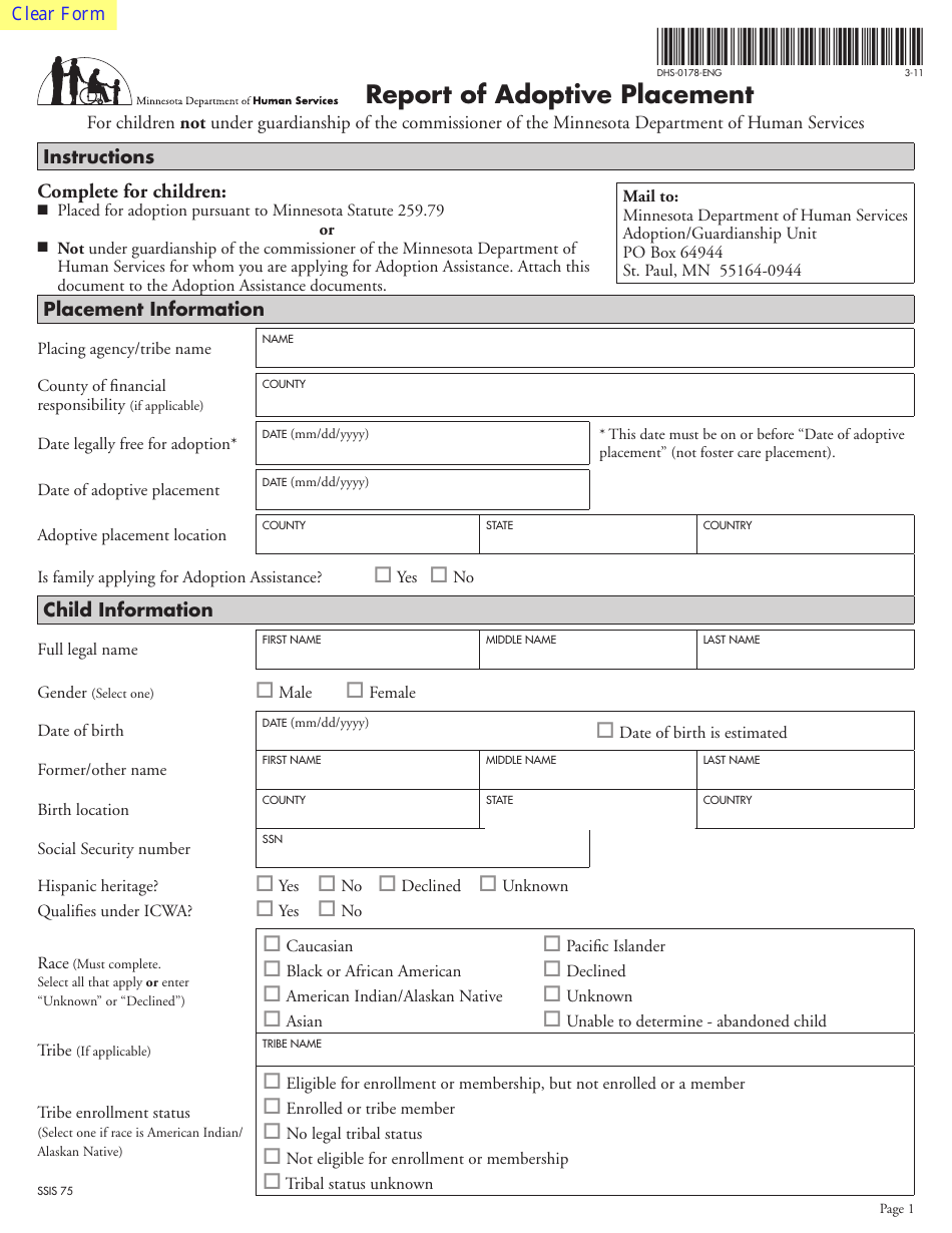 Form DHS-0178-ENG Report of Adoptive Placement - Minnesota, Page 1