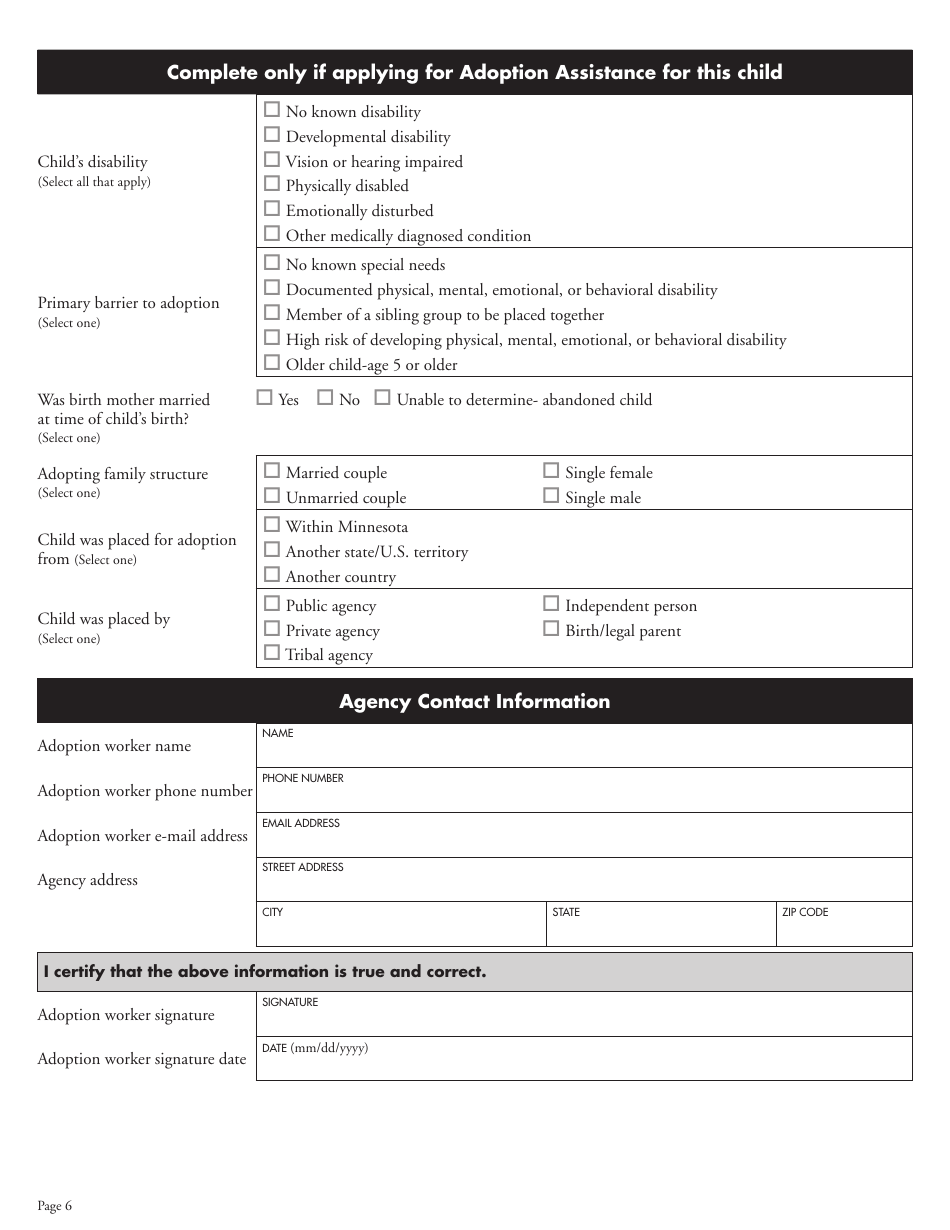 Form DHS-0178-ENG Report of Adoptive Placement - Minnesota, Page 6